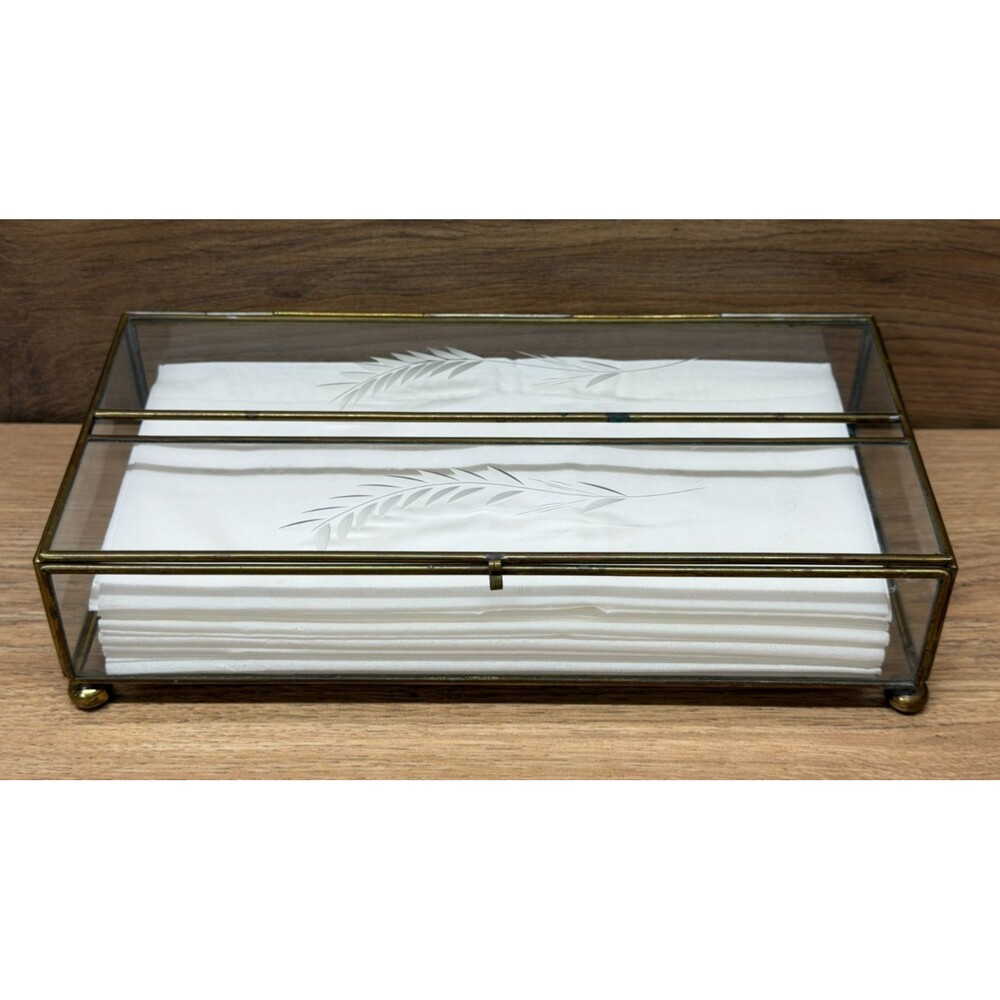 Vintage Etched Glass & Brass Footed Rectangle Tissue Box w/ Hinged Cover MCM